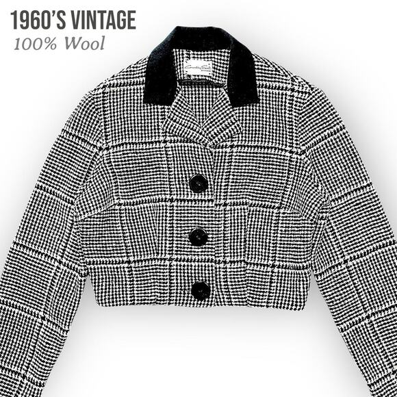 Vintage 60s Wool Houndstooth Cropped Blazer Black & White XS–S - Picture 1 of 16